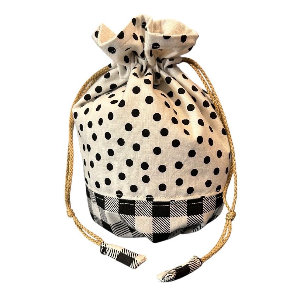 Black White Polka Dot Buffalo Plaid Handmade Drawstring Pouch Bucket Bag NEW - Picture 2 of 7